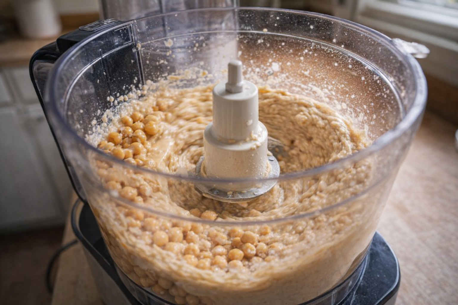 An action shot of a food processor blending hummus ingredients, with visible chickpeas and tahini swirling inside.